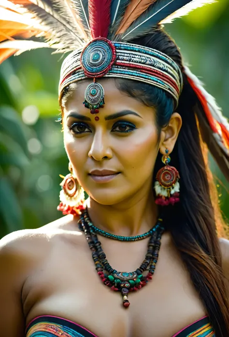 Foto RAW, skin glistening by sweat, looks like Nayanthara, thick figure, curvy, milf, 50 years old Woman, tattoo in the middle of her breast, with realistic Indian headdress , tribal girl, stunning looks, tribal headdress, tattoos, colourful tribal tattoos...