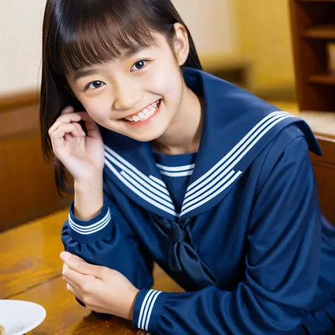 (masterpiece, highest quality:1.2), One girl, alone, Sailor suit, dark blue, Long sleeve, smile, 12 years old