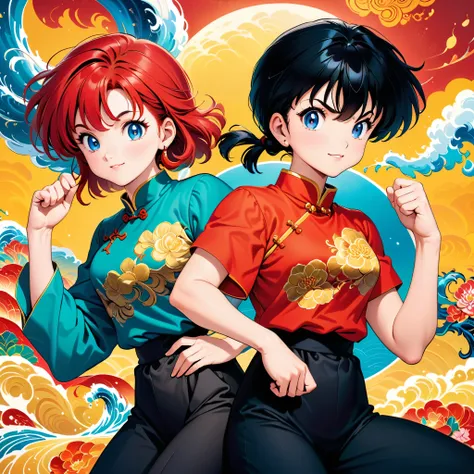 ((two people in chinese style: back to back)),woman,male,(ranma, ranmaw),(1 pigtail),ranma 1/2,battle pose,dynamic pose,(masterp...