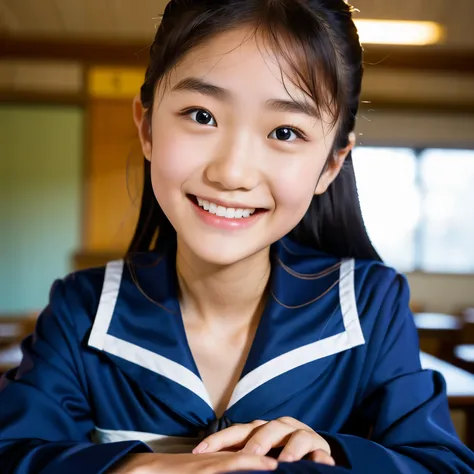 lens: 135mm f1.8, (highest quality),(RAW Photos), (Tabletop:1.1), (Beautiful 12 year old Japanese girl), Cute Face, (Deeply chiseled face:0.7), (freckles:0.4), dappled Nikko, Dramatic lighting, Navy blue sailor suit, (In the classroom), shy, (Close-up shot...