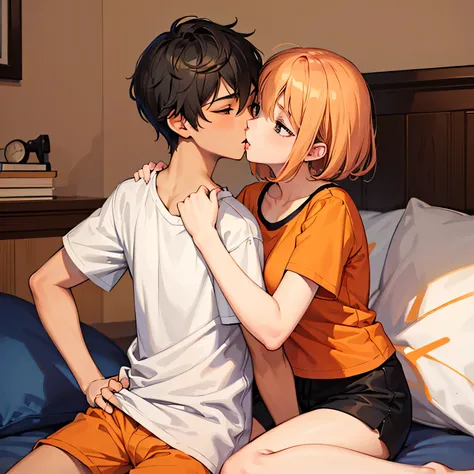 Amazing portrait of a young woman wearing white and orange striped t shirt and orange shorts and young boy wearing a navy blue t shirt and black shorts sitting on a bed together and kissing and making out passionately in a sexy and hot and lustful setting