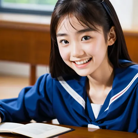 lens: 135mm f1.8, (highest quality),(RAW Photos), (Tabletop:1.1), (Beautiful 18 year old Japanese girl), Cute Face, (Deeply chiseled face:0.7), (freckles:0.4), dappled Nikko, Dramatic lighting, uniform, Sailor suit, (In the classroom), shy, (Close-up shot:...