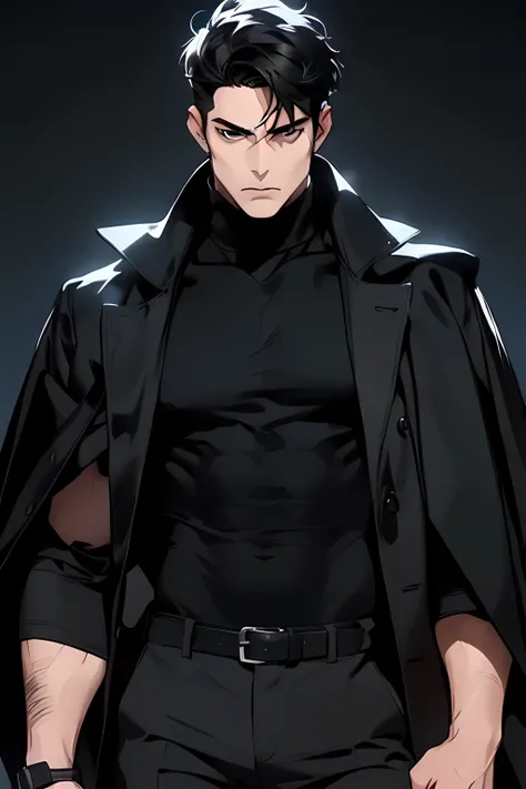 ((1 Adult man, 40 years))), ((Black Short Hair)), ((grey eyes)), black turtleneck, black pants, Black background, Large assembly, a pumped-up body, good anatomy, (Detailed eyes, Even the eyes), serious look, serious expression, black cloak dynamic pose, mi...