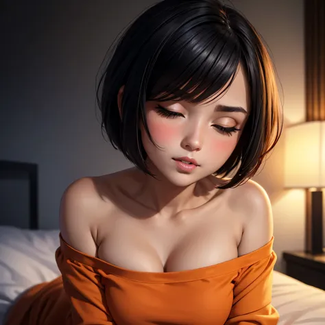 Amazing portrait of a sexy and cute girl with a short bob hairstyle and a seductive gaze who is blushing intensely with parted lips and is desperate and flustered and lustful wearing an off shoulder orange t shirt showcasing her bare shoulder while lying o...