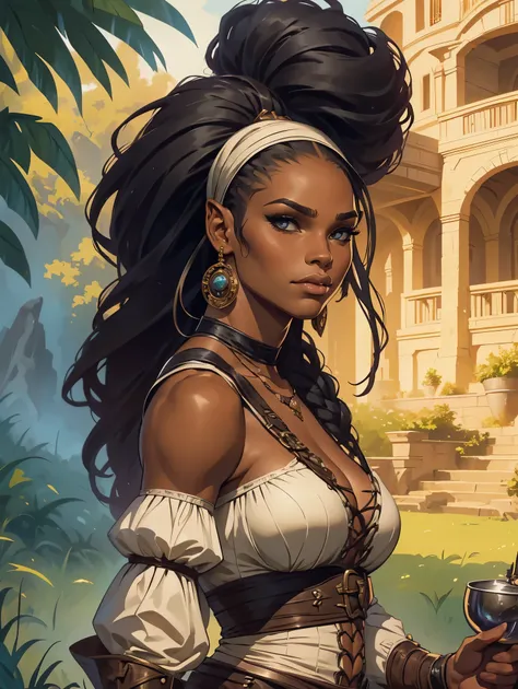 a female black lady from the early 18th century based on serena williams, dungeons and dragons 5th edition style illustration, c...