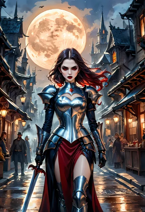 arafed, dark fantasy art, gothic art, a picturק of a vampire ready for battle, female vampire, armed with a sword, wearing heavy...