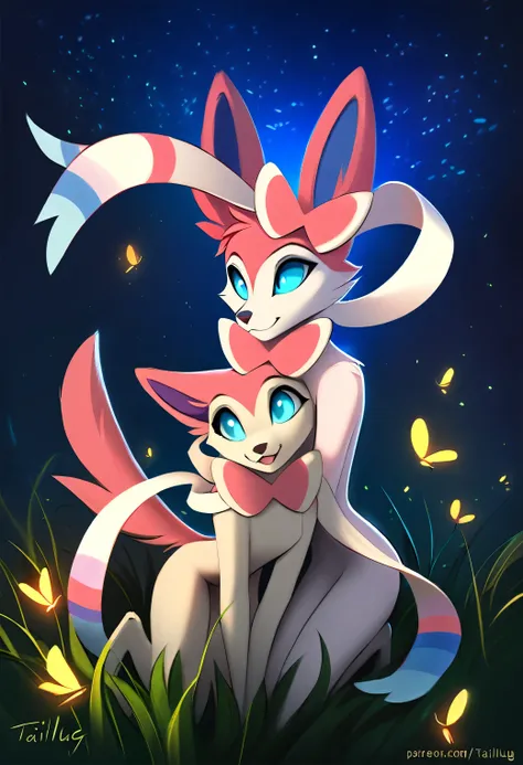 canid, canine, sylveon, tailhug, 3girls, naked, fluffy, vibrant lighting, night, grass, fireflies, dust, night sky, anime, digital painting, ((masterpiece, best_quality)), hi_res, hd, questionable