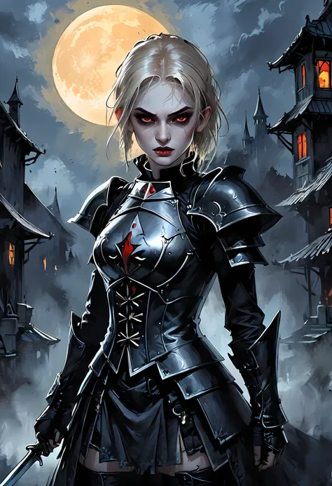 arafed, dark fantasy art, gothic art, a picturק of a vampire ready for battle, female vampire, armed with a sword, wearing heavy...