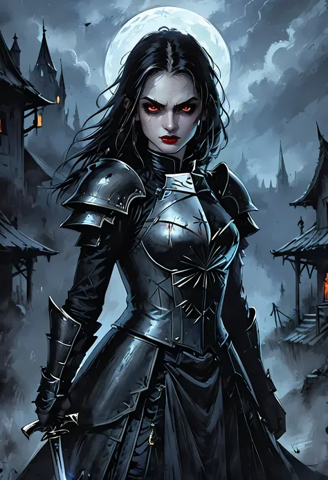 arafed, dark fantasy art, gothic art, a picturק of a vampire ready for battle, female vampire, armed with a sword, wearing heavy...