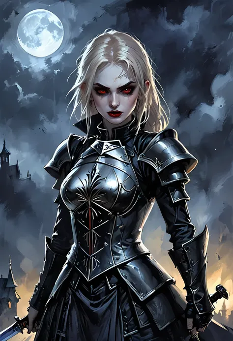 arafed, dark fantasy art, gothic art, a picturק of a vampire ready for battle, female vampire, armed with a sword, wearing heavy...