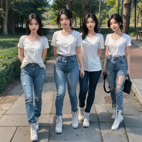 night image, White short-sleeved T-shirt, Toe of the boot, Top with exposed arms, two feet apart. Matching white boot, people standing far apart, long jeans plain jeans or non-distressed jeans, white sneakers, The shirt covers the back the pants, white t-s...