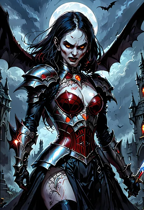 arafed, dark fantasy art, gothic art, a picturק of a vampire ready for battle, female vampire, armed with a sword, wearing heavy...