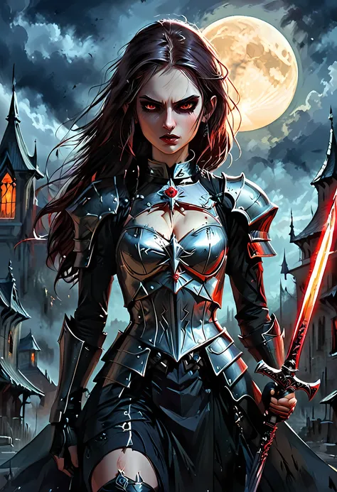 Arafed, dark fantasy art, gothic art, a picturק of a vampire ready for battle, female vampire, armed with a sword, wearing heavy armor , armed with a sword, shining sword, ultra detailed face (intricate detailed, Masterpiece, best quality: 1.4), pale skin,...