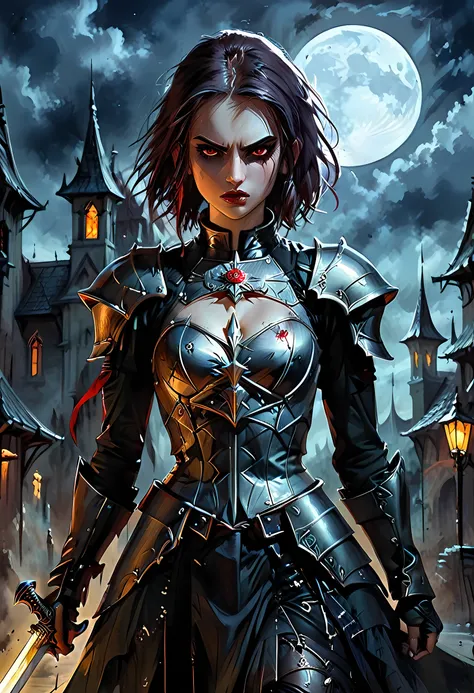 arafed, dark fantasy art, gothic art, a picturק of a vampire ready for battle, female vampire, armed with a sword, wearing heavy...