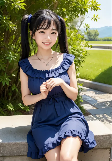 (highest quality,masterpiece:1.3,Ultra-high resolution),(Very detailed、Caustics) (Realistic:1.4, RAW shooting、)Ultra-Realistic Capture、Very detailed、Natural skin texture、masterpiece、(Japanese woman in a navy blue summer dress with frills and shine:1.3), Ri...