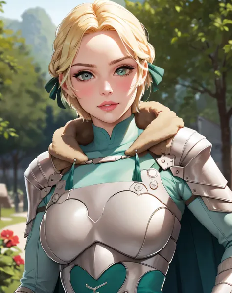 warIngrid, short hair, hair ribbons, shoulder armor, armor, breastplate, underbust, green coat, fur trim, vambraces, blue gloves, green cape, (masterpiece, best quality, ultra-detailed), realistic style, very close up shot 2.0, garden 2.0, looking at viewe...