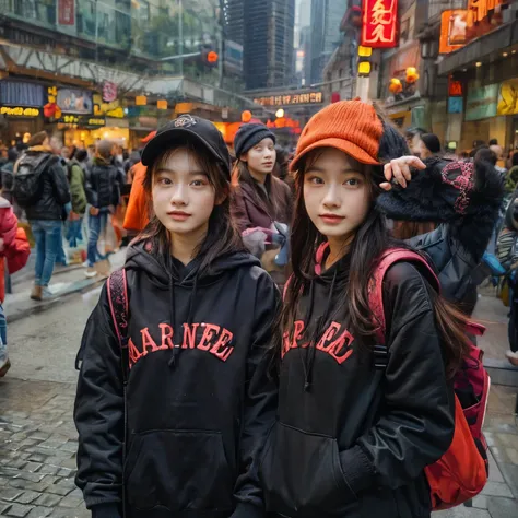 identical twin sisters wearing the same black apollo hat。in the background is east nanjing road in shanghai。shallow depth of fie...