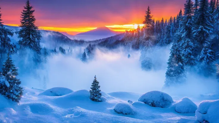 a norwegian foggy fjord in the winter, sunset, snowy mountains in the background, fog, couple, coming from blue hot water, the w...