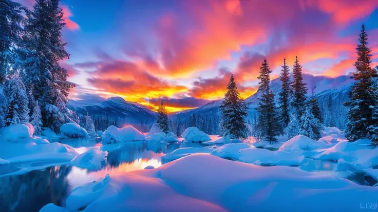 a norwegian foggy fjord in the winter, sunset, snowy mountains in the background, fog, couple, coming from blue hot water, the w...