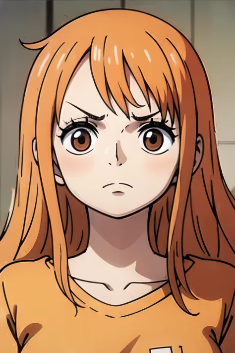 ((best quality)), ((masterpiece)), (detailed), perfect face. Asian girl. Orange hair.  T-shirt. Sad.