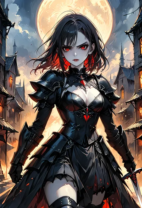 Arafed, dark fantasy art, gothic art, a picturק of a vampire ready for battle, female vampire, armed with a sword, wearing heavy armor , armed with a sword, shining sword, ultra detailed face (intricate detailed, Masterpiece, best quality: 1.4), pale skin,...