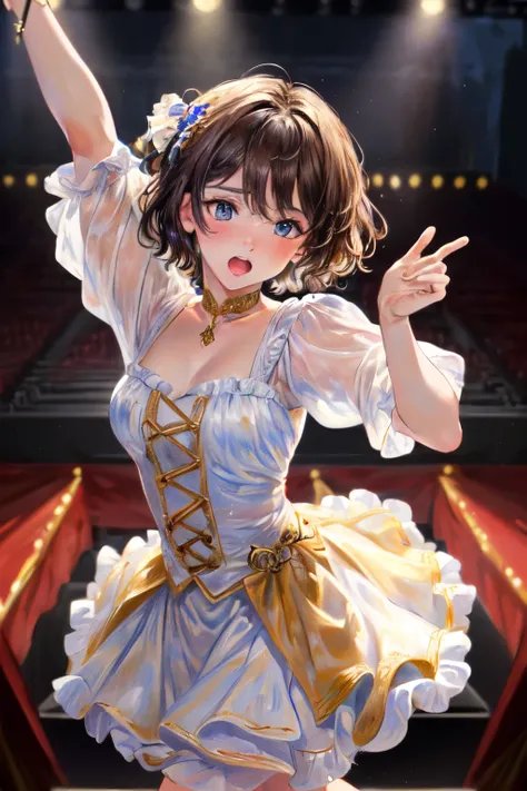 ((Best of the highest quality, 8k, Masterpiece, raw photo: 1.3)), (Great artist style, Auguste Renoir, Sharp focus: 1.2), (1 AESPA girl: 1.1), (Solo: 1.1), face focus, cute face, finely eyes, (dancing on the stage with microphone: 1.28), from above, (brune...