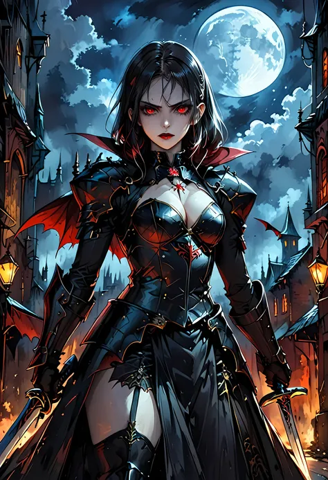 Arafed, dark fantasy art, gothic art, a picturק of a vampire ready for battle, female vampire, armed with a sword, wearing heavy armor , armed with a sword, shining sword, ultra detailed face (intricate detailed, Masterpiece, best quality: 1.4), pale skin,...