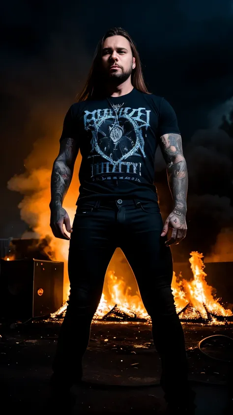 Best Quality,Masterpiece,Ultra High Resolution,(Realisticity:1.4),Original Photo,Cinematic Lighting, 1man, solo, Metalhead Style strong man in front of a christian church on fire at night, tattooed, wearing ripped black pants, black t-shirt, fit body, heav...