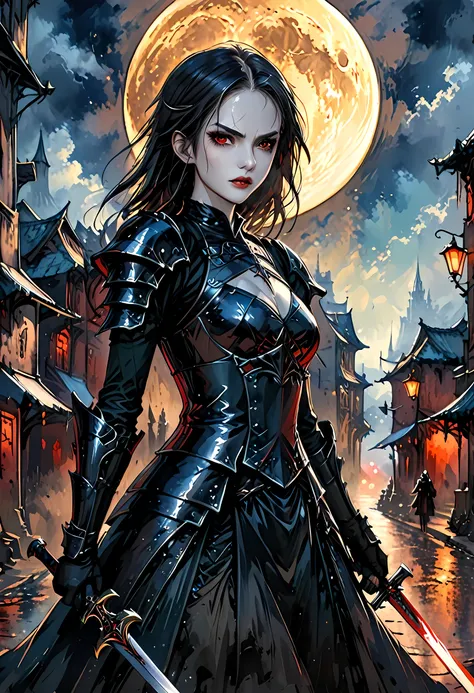 arafed, dark fantasy art, gothic art, a picturק of a vampire ready for battle, female vampire, armed with a sword, wearing heavy...