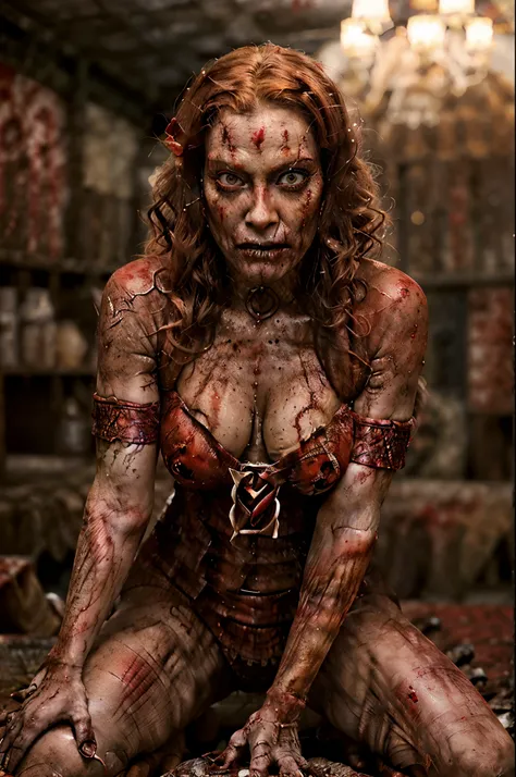 mulher agitada, ((traje em trapos )) sorrindo com grandes olhos abertos (((Red demon costume with zombie makeup, olhos vermelhos, cabelo vermelho, sangue, feridas e cicatrizes)))