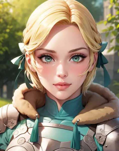 warIngrid, short hair, hair ribbons, hair accessories, shoulder armor, armor, breastplate, underbust, green coat, fur trim, vambraces, blue gloves, green cape, (masterpiece, best quality, ultra-detailed), realistic style, very close up shot 2.0, garden 2.0...