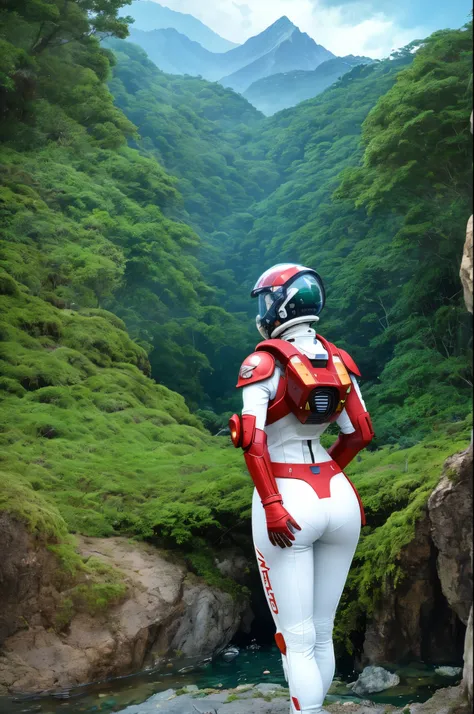 (35mmstyle:1.2), highly detailed raw color photo, rear angle, full body, of (female space marine, wearing white and red space su...