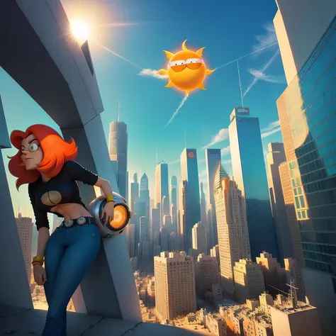 cartoon characters in the city against the background of the sun, futurama, advertising art, мультфильм 90-х, fry, 2 0 0 0 s car...