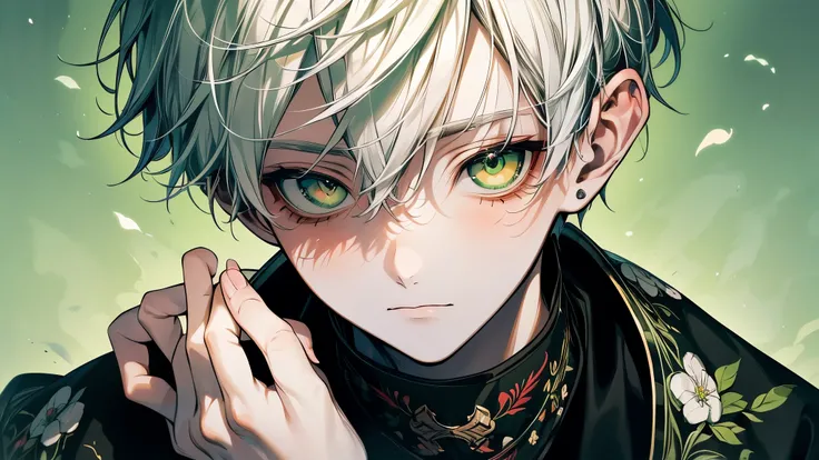 (masutepiece), (Best Quality), Highly detailed, 1 boy, Solo Focus，Perfect face, Beautiful face, extra detailed face，(white  hair:1.3)，(Green eye:1.3)，florals，Eau，foam，Black clothe