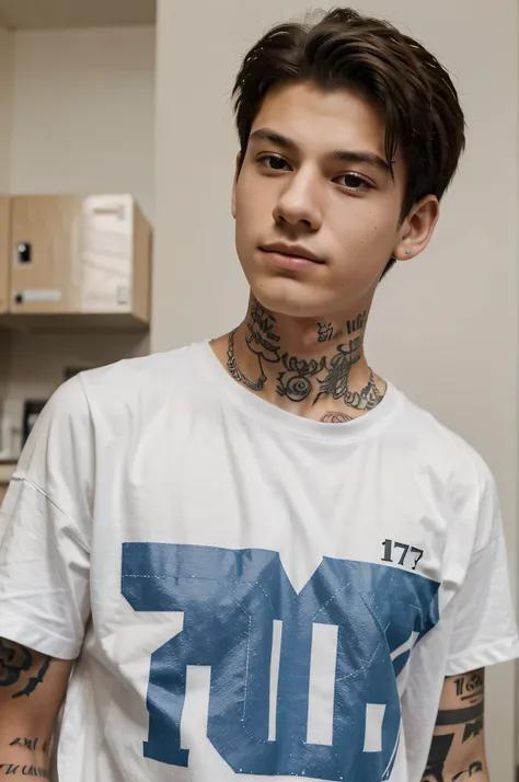 17 year old boy with tattoos on his neck,con una camisa blanca,con un telefono