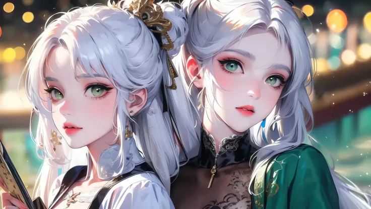 (masutepiece), (Best Quality), Highly detailed, 1 boy, Solo Focus，Perfect face, Beautiful face, extra detailed face，(white hair:1.3)，(Green eye:1.3)，florals，Eau，foam，Black clothe
