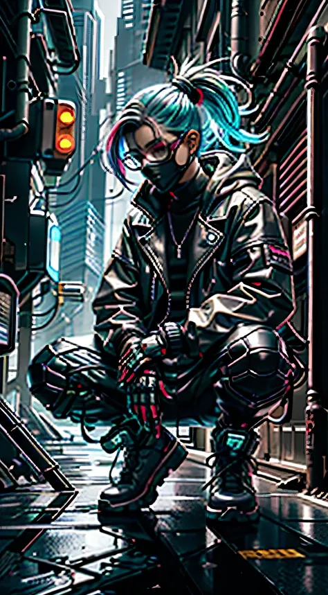 CyberpunkAI, neon, 1 boy, elf, neon hair, neon eyes, ponytail hairstyle, black leather jacket, sniper rifle, hood, hiding place, mask, glasses, holds sneakers in his hands