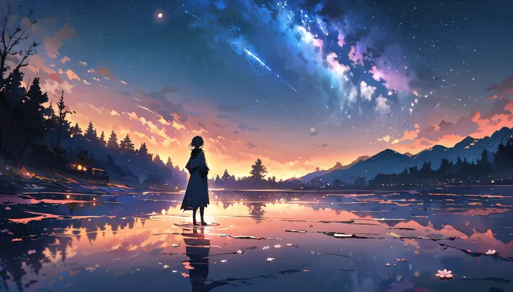 （（best quality））， （（master piece））， （（ultra wide angle）），evening， A woman called、，standing on the salt lake，The water surface is like a mirror，Reflecting the sky。look at the sky，The Milky Way is in the sky,cherry blossoms