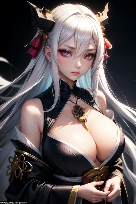 Masterpiece, best quality: 1 girl with white hair, long, flowing locks that cascade down her shoulders, framing a beautiful Asian face with black eyes as captivating as the night sky. Her skin is pale, contrasting the rich darkness of her eyes, which posse...