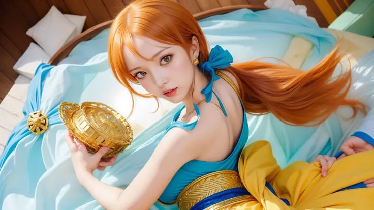 a woman in a blue dress holding a basket of gold, nami one piece, nami from one piece, beautiful portrait of nami, nami, from one piece, one piece artstyle, one piece style, one piece, inspired by Eiichiro Oda, anime girl named lucy, luffy, female anime ch...