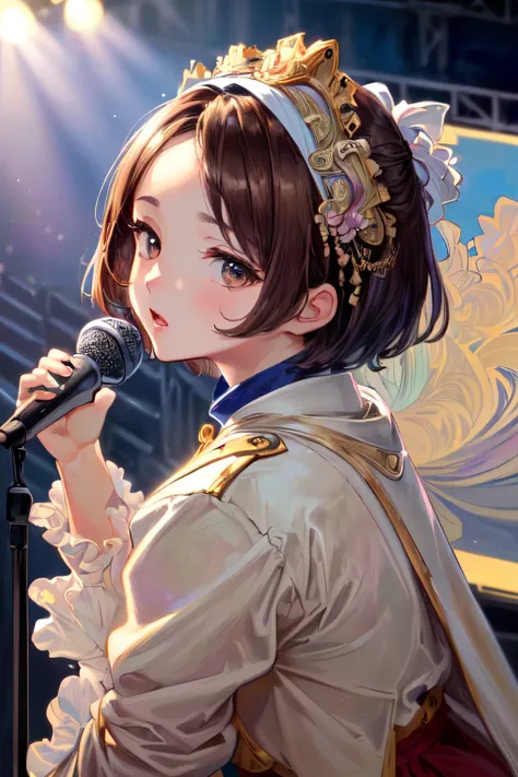 ((Best of the highest quality, 8k, Masterpiece, raw photo: 1.3)), (Great artist style, Alphonse Mucha, Sharp focus: 1.2), (1girl: 1.1), face focus, cute face, (portrait: 1.2), (k-pop idol, on the stage, microphone: 1.28), jacket, skirt, from above, (brunet...