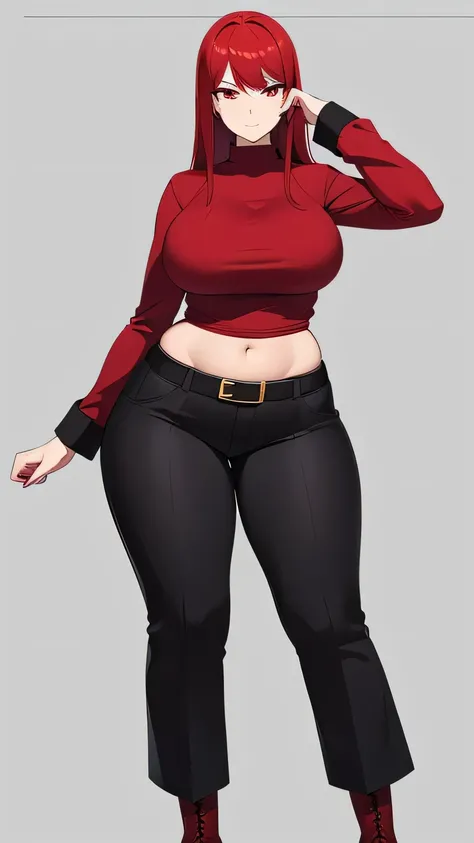  A tall woman, huge, sexy, beauty, tenderness, red hair, two parts, her light red eye, big black eyelash, dresses in a red top, long sleeves, shows her navel and dark gray pants, wearing a black belt and brown boots.