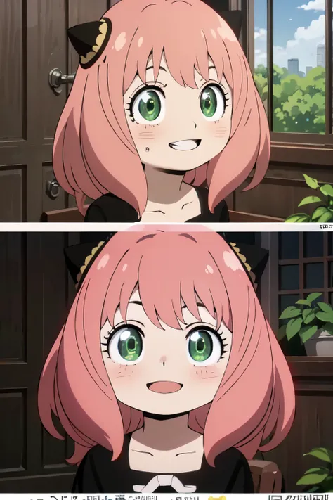 ((best quality)), ((masterpiece)), (detailed), perfect face. Asian girl. Pink hair. Green eyes. Smile.