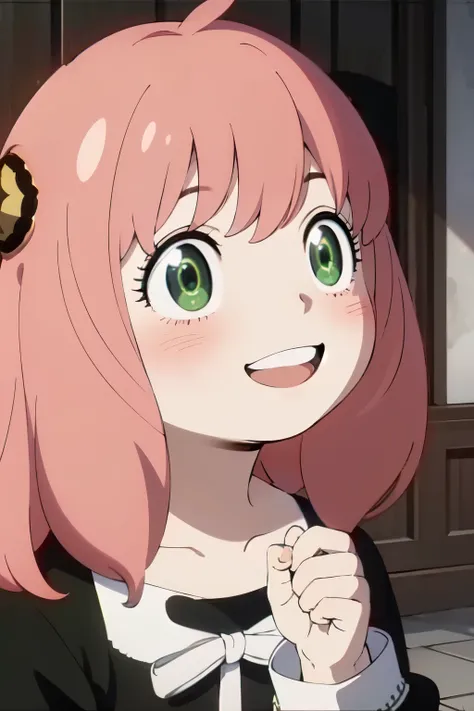 ((best quality)), ((masterpiece)), (detailed), perfect face. asian girl. pink hair. green eyes. smile.