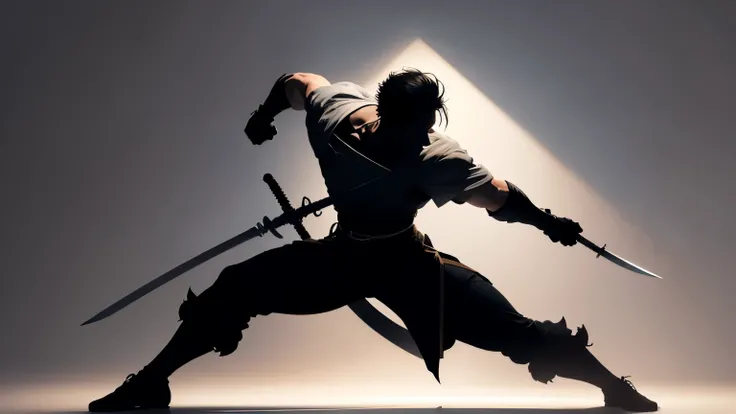 silhouette of a man training with a sword. The silhouette should capture the concentration and technique involved in sword training. The man should be in a dynamic and balanced posture, with his feet firmly planted on the floor, one leg slightly in front o...