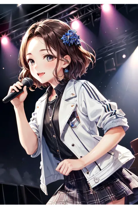 ((Best of the highest quality, 8k, Masterpiece, raw photo: 1.3)), (Great artist style, Alphonse Mucha, Gustav Klimt: 0.72), Sharp focus, (1girl: 1.1), face focus, cute face, portrait, (k-pop idol, on the stage, microphone: 1.1), jacket, skirt, (brunette sh...