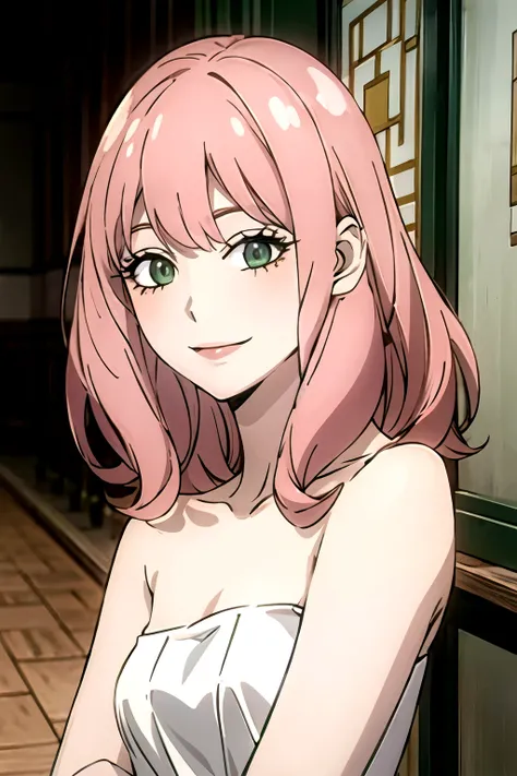 ((best quality)), ((masterpiece)), (detailed), perfect face. Asian girl. Pink hair. Green eyes. Topless. Small breast. Smile.