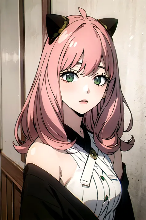 ((best quality)), ((masterpiece)), (detailed), perfect face. Asian girl. Pink hair. Green eyes. Topless. Medium breast.
