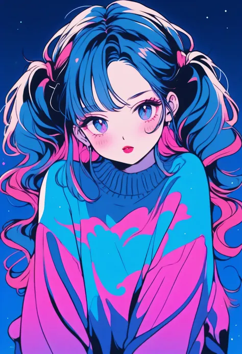 illustration style, anime , realista ,Outline , 1 garota, ,lip, Sweater,ordem, Fundo gradiente azul, cabelo neon,twin tails,colheitas texturizadas, canadense, (Obra de arte,mais alta qualidade)