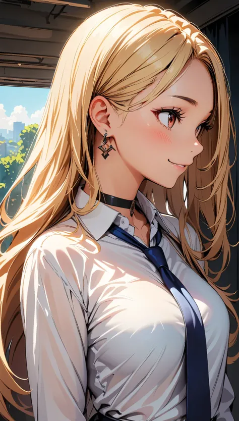 (highest quality:1.2, Very detailed, High Detail, digital coloring, High Contrast, masterpiece:1.2, highest quality, Best aesthetics), ((1 girl)), blonde, Straight Long Hair, Red eyes, Earrings, Black choker, Collared shirt, Blue tie, smile, blush, Facing ...